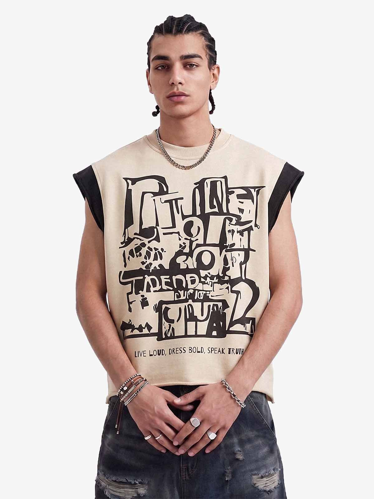 Graffiti Graphic Contrast Trim Raw Edge Sleeveless T-Shirt - Apricot / S