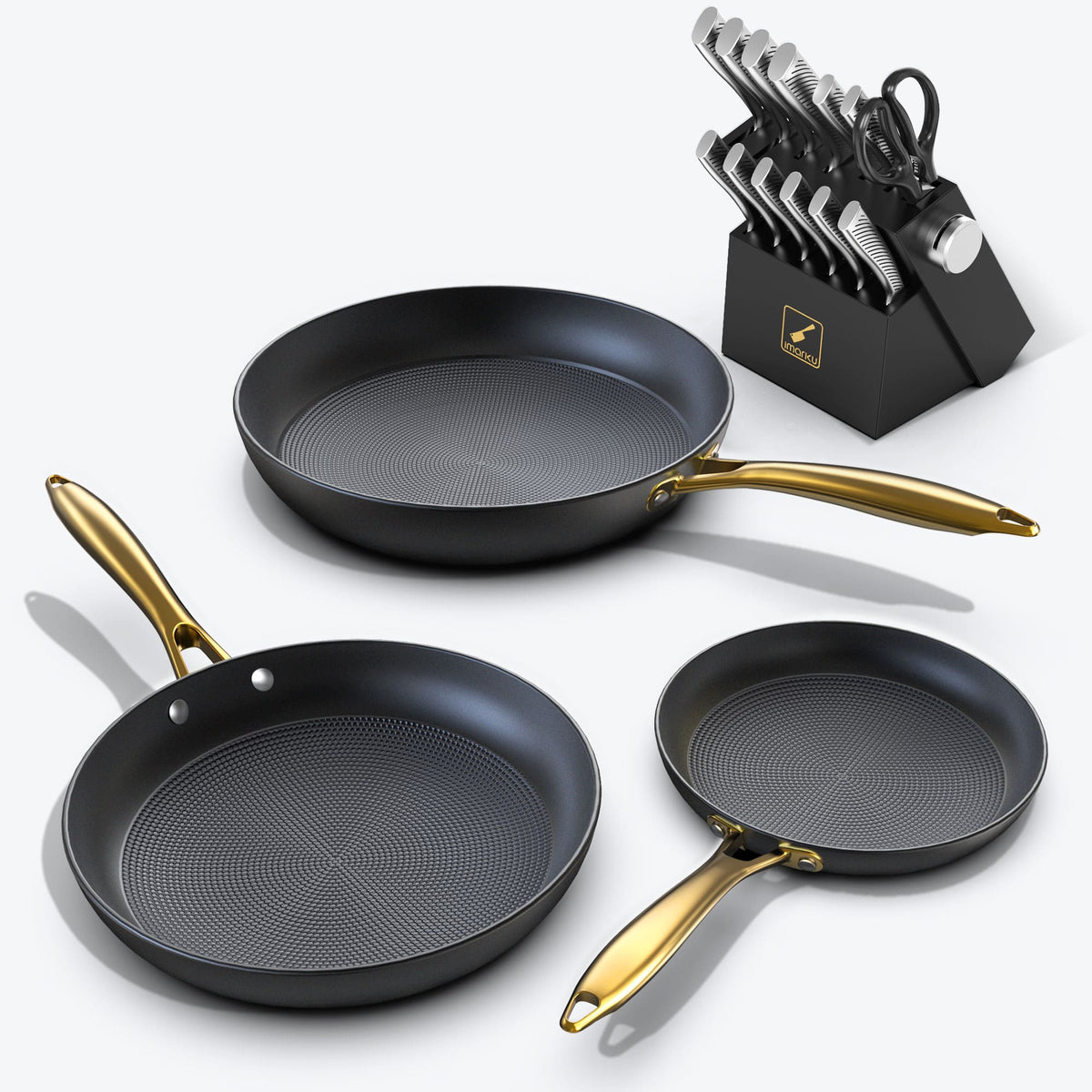3PCs Cast Iron Frying Pan Set with Golden Handle & 14 PCs Knife Set Bundle - Black
