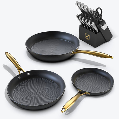 3PCs Cast Iron Frying Pan Set with Golden Handle & 14 PCs Knife Set Bundle - Black