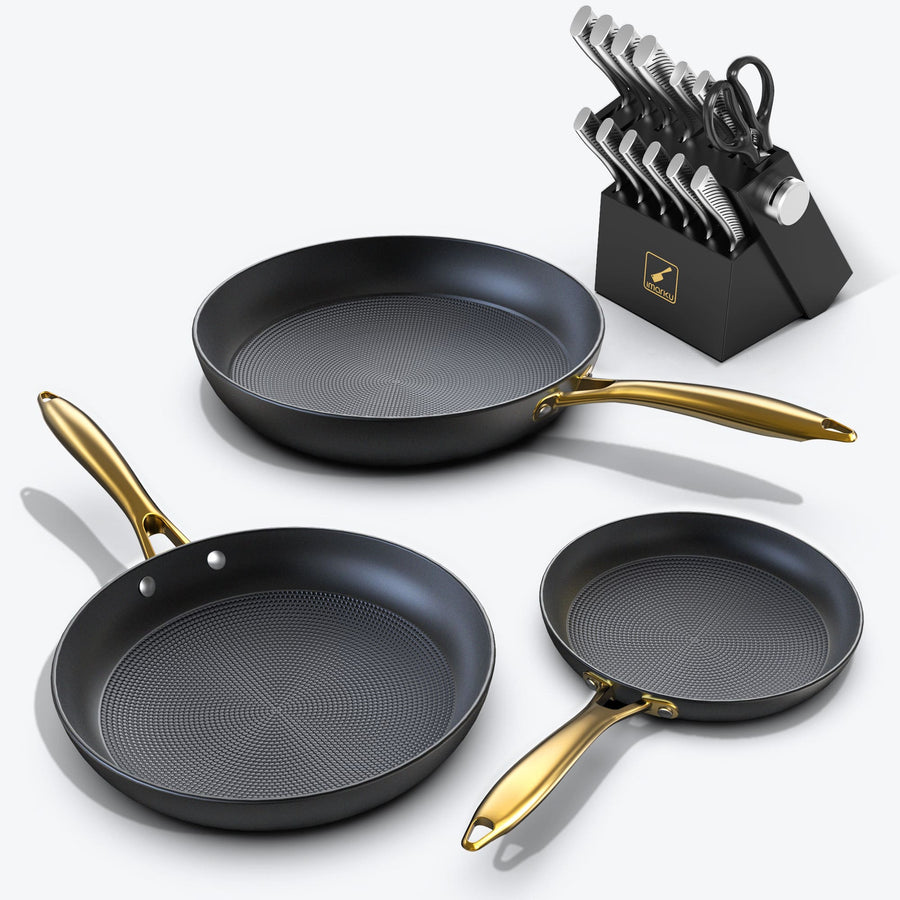 3PCs Cast Iron Frying Pan Set with Golden Handle & 14 PCs Knife Set Bundle - Black