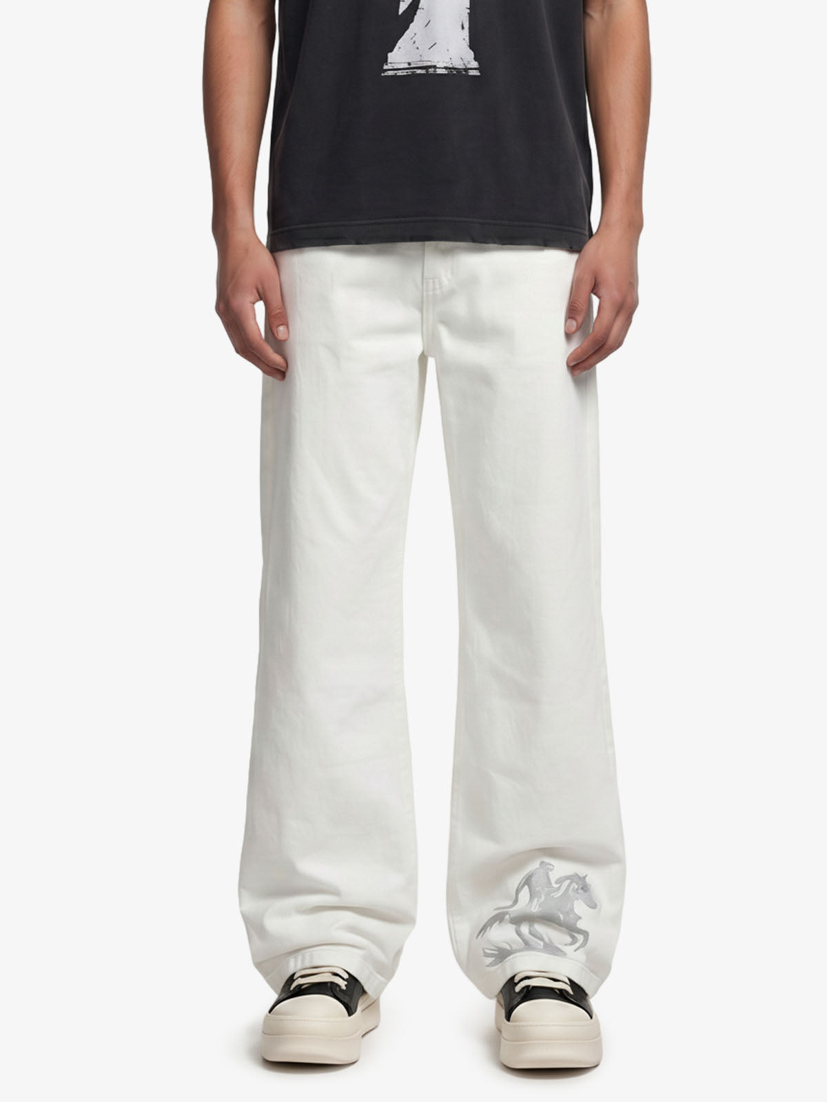 Embroidered Horse Wide Leg Denim Flare Jeans - White / S