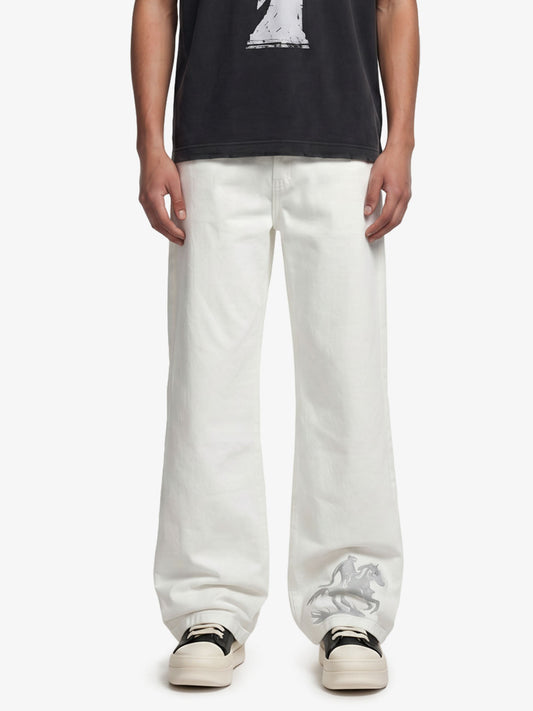 Embroidered Horse Wide Leg Denim Flare Jeans - White / S