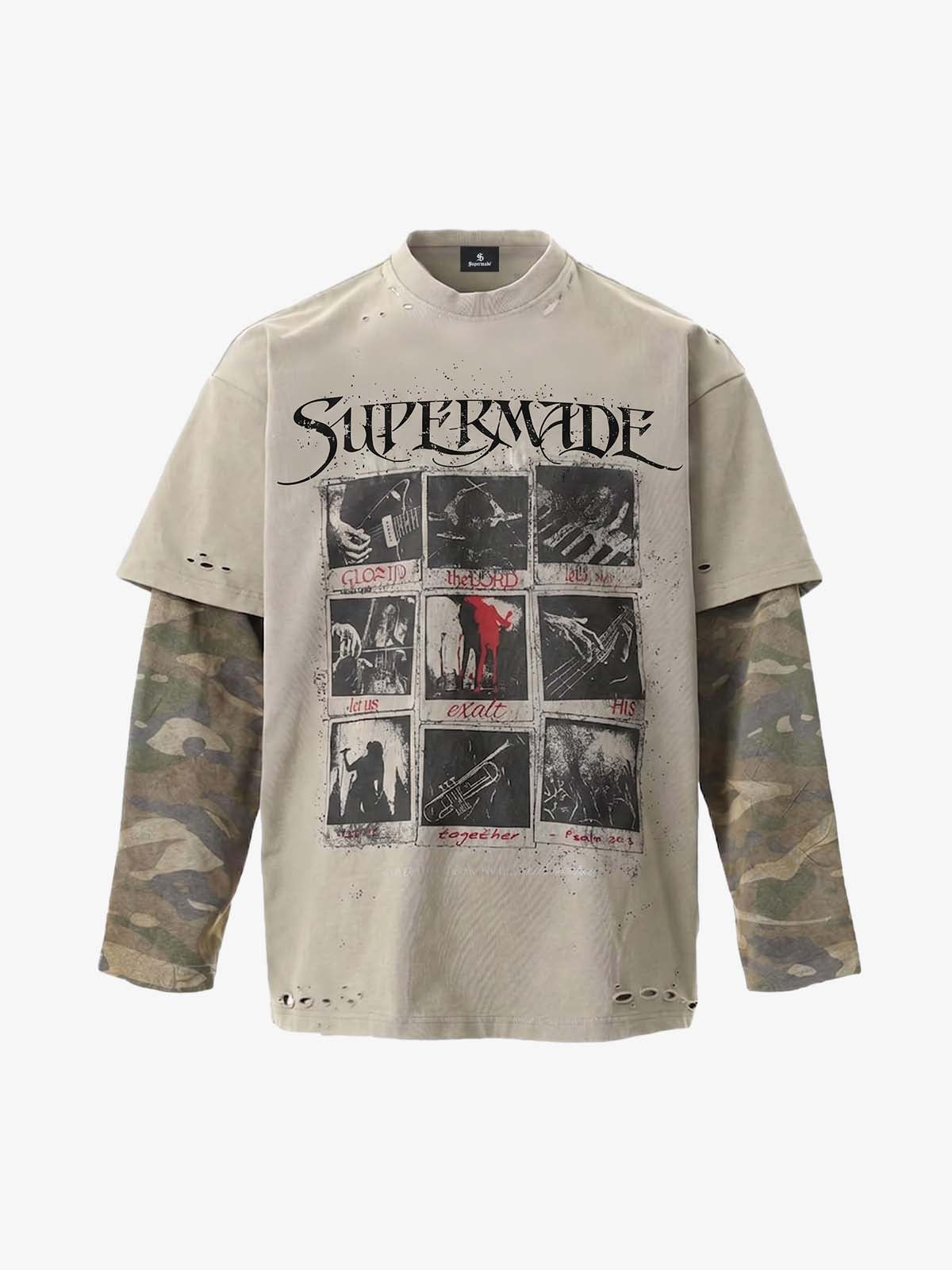 Jersey Distressed Camouflage Double Layered Graphic T-Shirt - 2420 - Gray / S