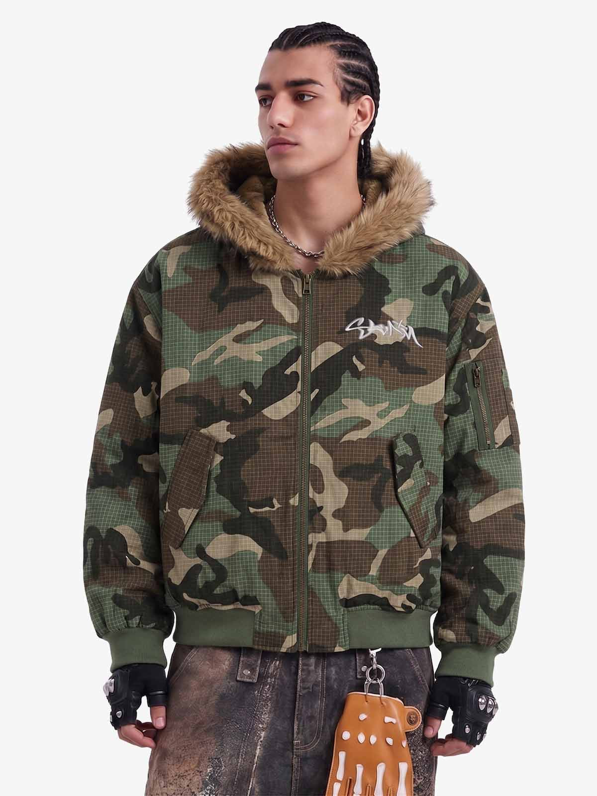 Camouflage Fur Collar Reversible Cotton Jacket - 2499 - Forest Camouflage / M