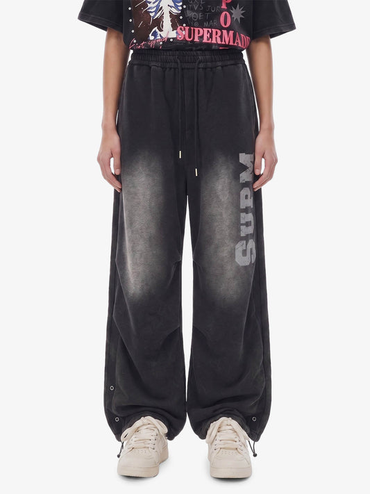 French Terry Distressed Gradient Drawstring Wide Leg Pants - Black / S
