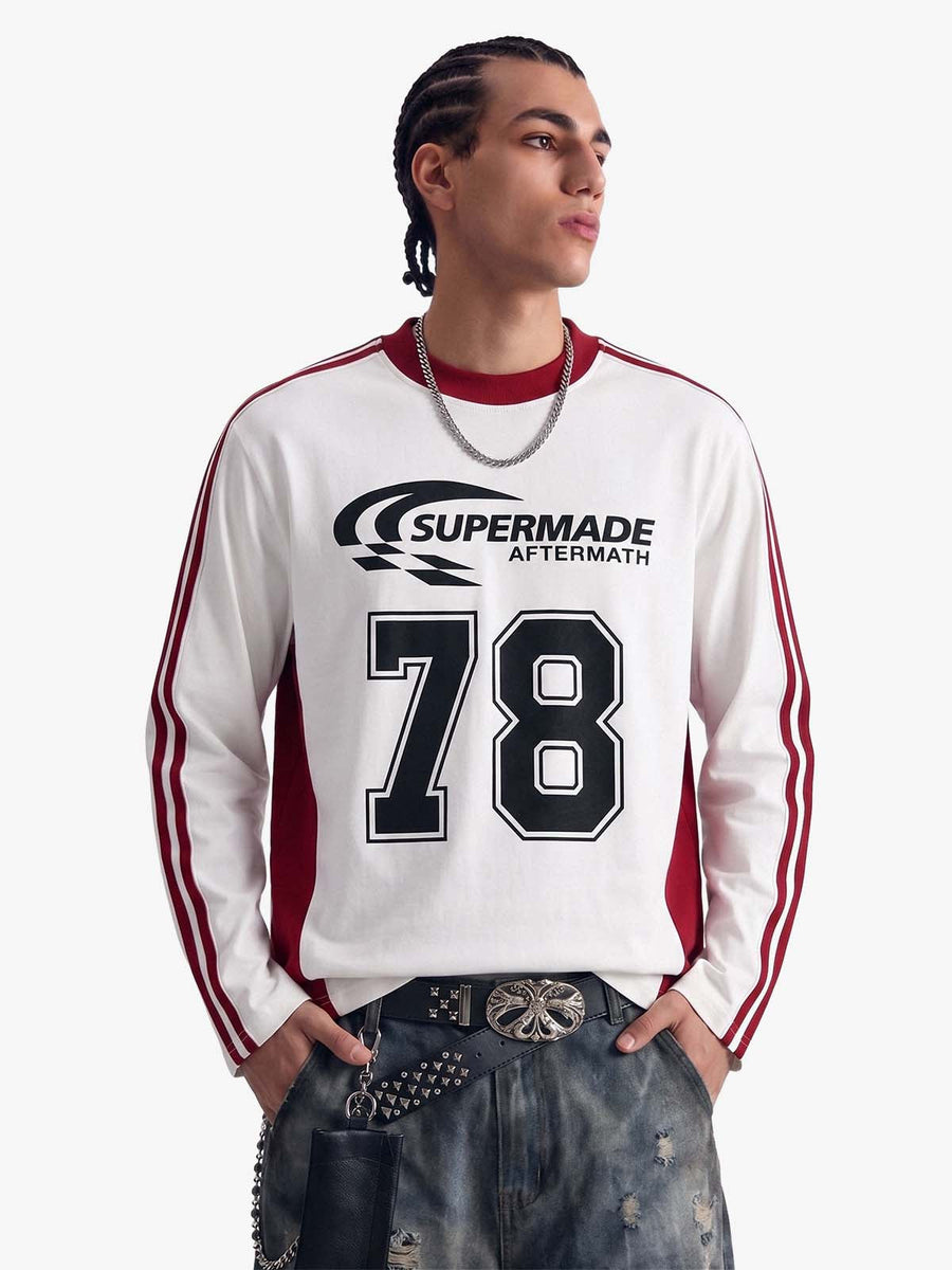 Jersey Digital Print Colorblock Long-Sleeved T-Shirt - White / M