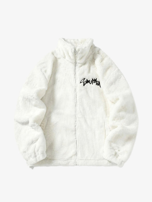 Thesupermade Hip-hop Letter Stand Collar Fur Jacket - 1908 - White / S