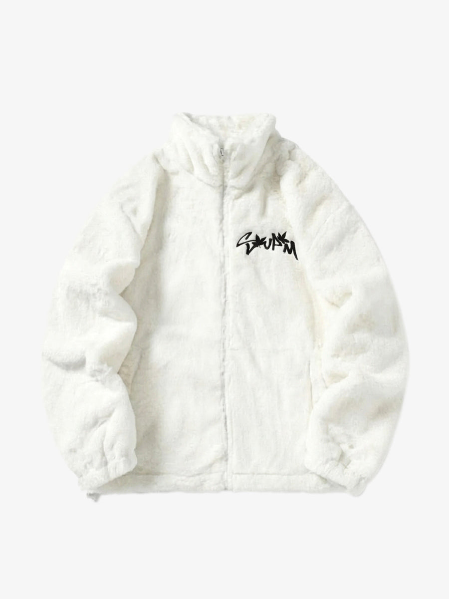 Thesupermade Hip-hop Letter Stand Collar Fur Jacket - 1908 - White / S