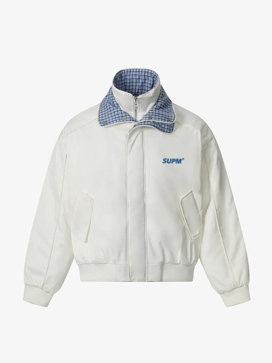 Retro Layered Look Plaid Collar Padded Jacket - 2579 - White / S