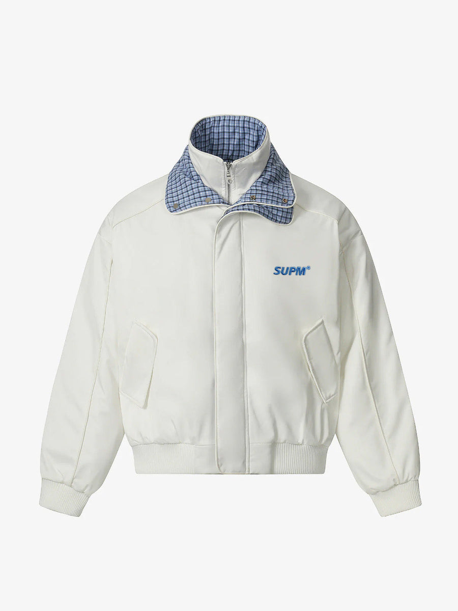 Retro Layered Look Plaid Collar Padded Jacket - 2579 - White / S