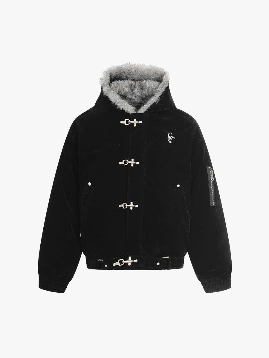 Streetwear Metal Clip Faux Fur Hooded Suede Bomber Jacket - 2597 - Black / S