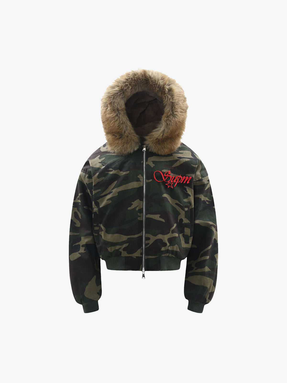 Embroidered Detachable Fur Hooded Jacket - 2546 - Green Camouflage / S