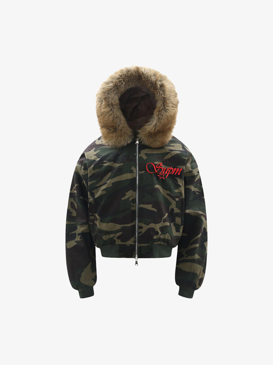 Embroidered Detachable Fur Hooded Jacket - 2546 - Green Camouflage / S
