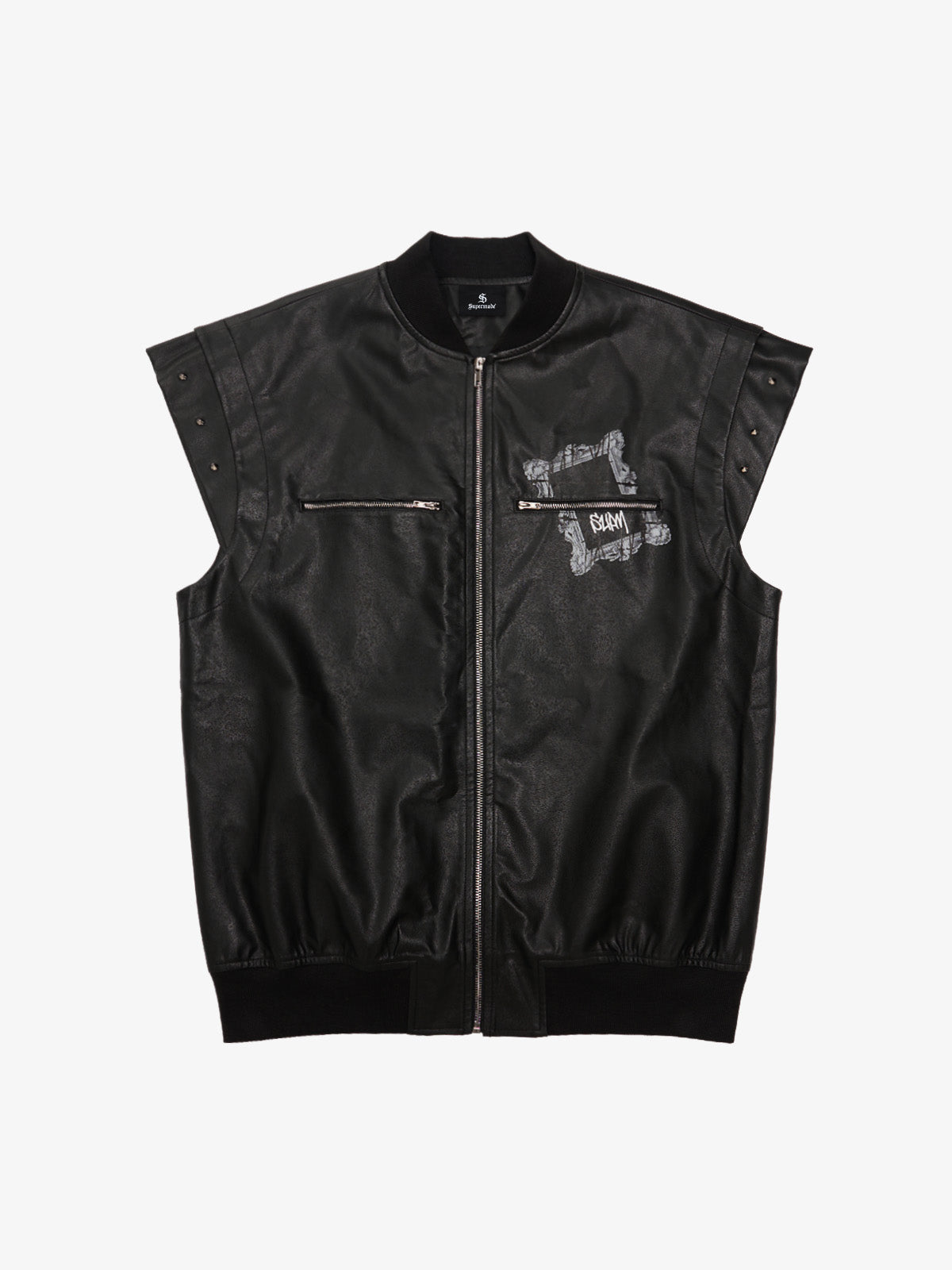 Thorn Destruction Frame Pattern Leather Vest - Black / M