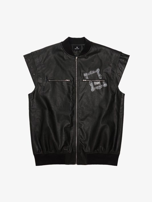 Thorn Destruction Frame Pattern Leather Vest - Black / M