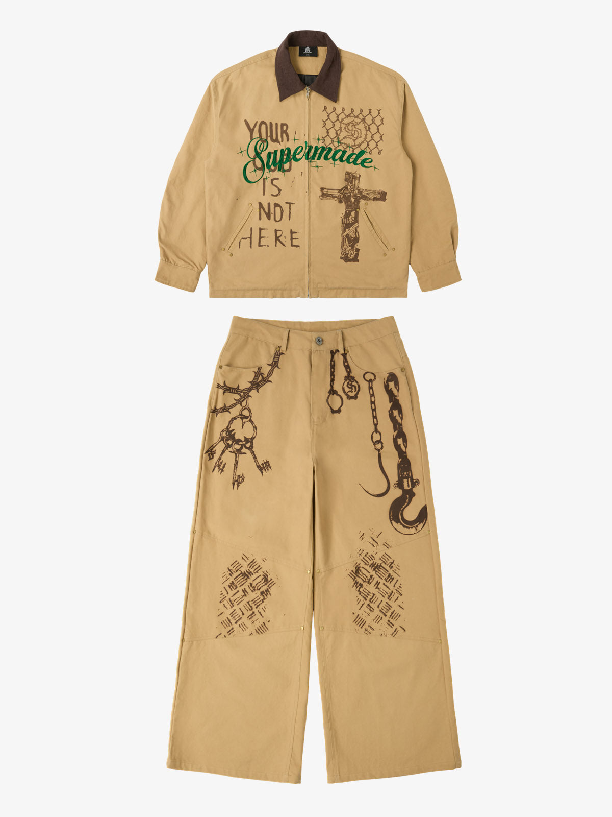 Supermade Retro Slogan Embroidered Canvas Set - 2594 - Khaki / S / Set