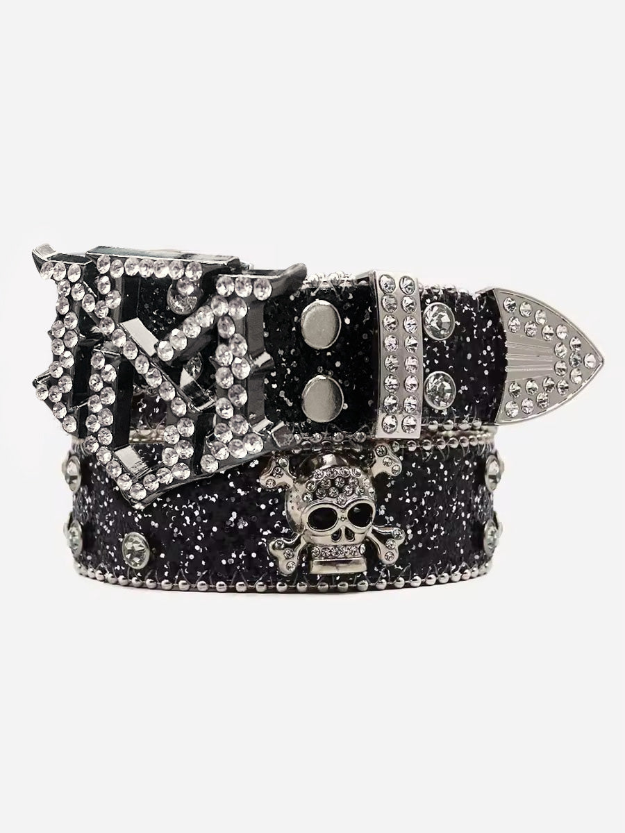 Thesupermade Rhinestone Skull Belt - 1668 - Black / One  Size