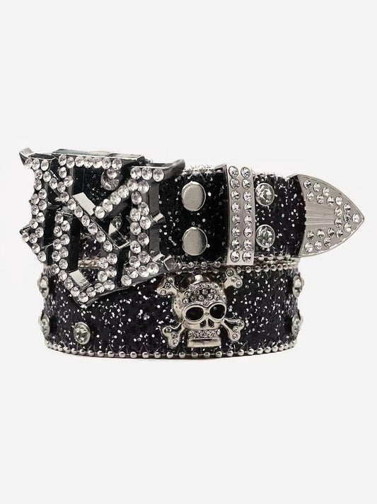 Thesupermade Rhinestone Skull Belt - 1668 - Black / One  Size