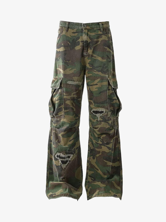Woven Ripped Camouflage Cargo Baggy Pants - 2410 - Classic Camouflage / XS