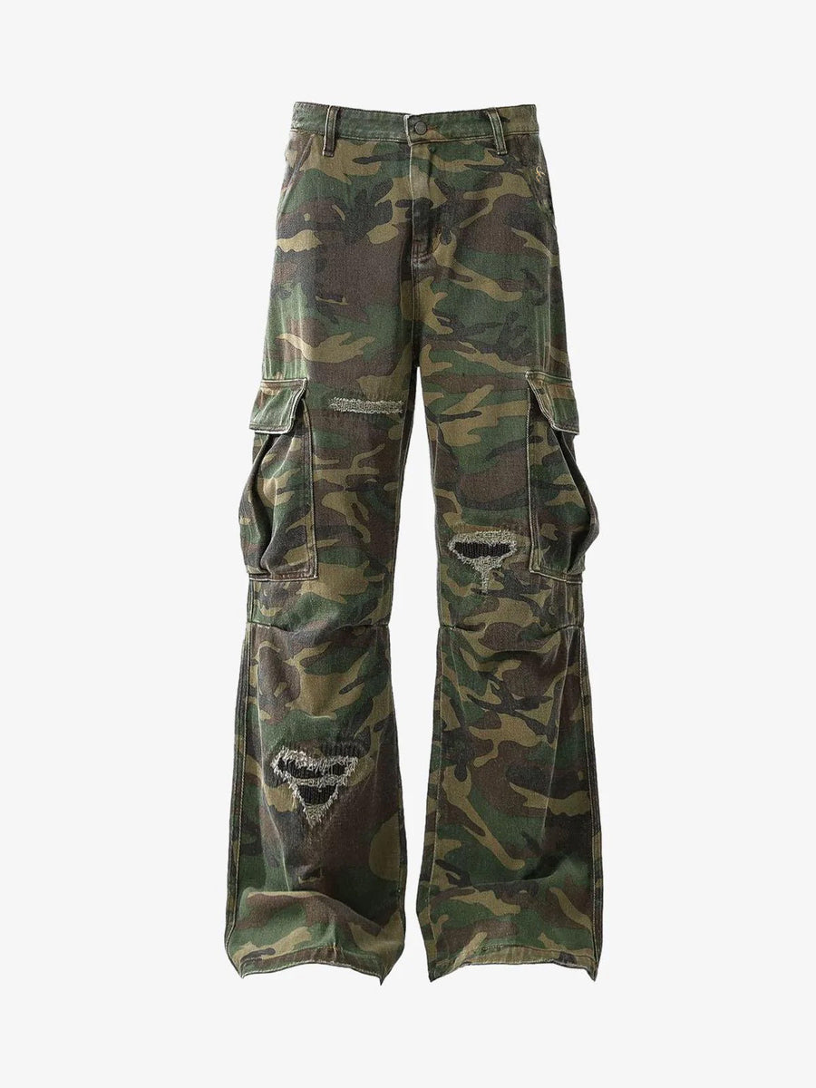 Woven Ripped Camouflage Cargo Baggy Pants - 2410 - Classic Camouflage / XS