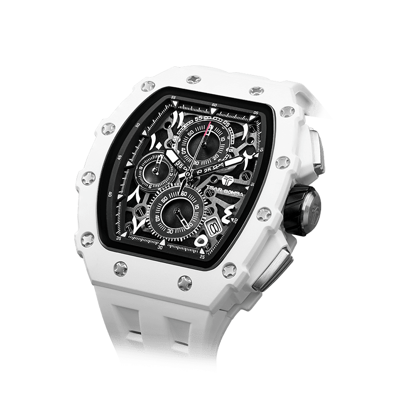 TSAR BOMBA uhr Herren-Chronograph mit Bio-Keramik-Lünette, Saphirglas, Silikonarmband, stilvolles Quarzuhrwerk für Geschäftsleute. Weiß