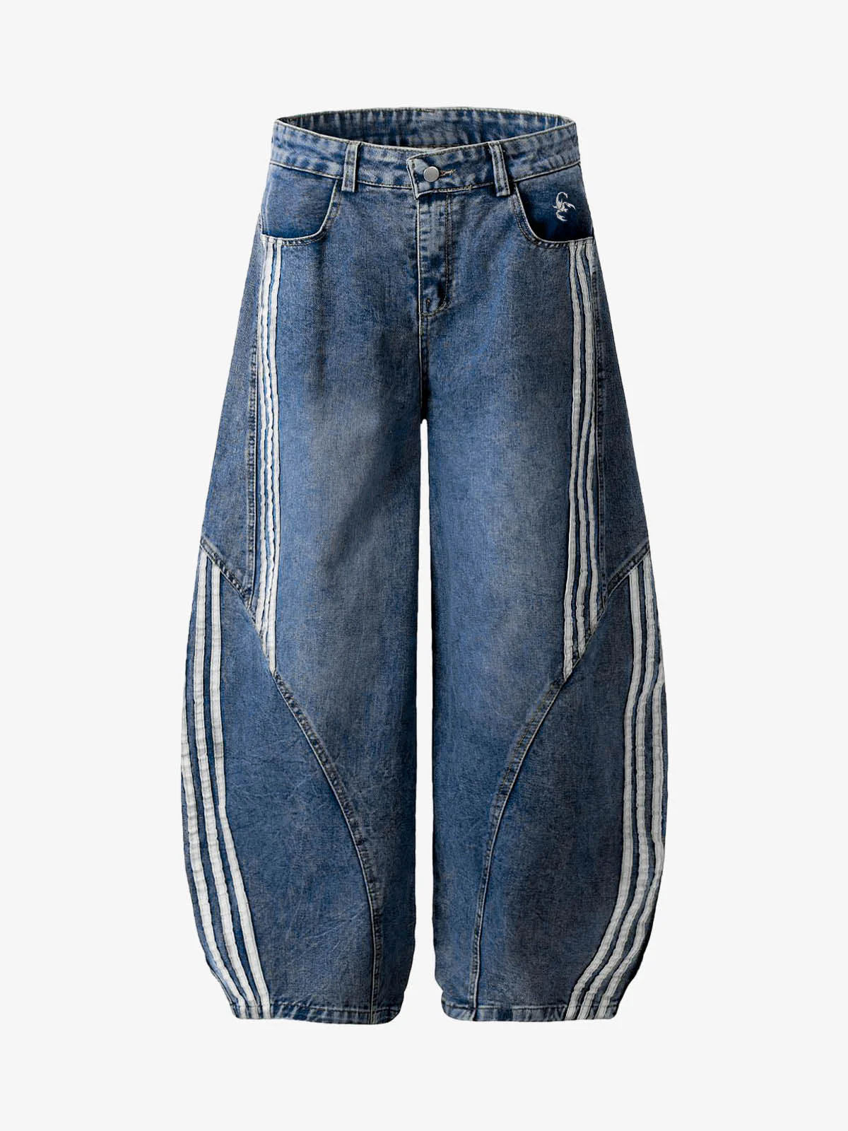Contrast Side Stripe Denim Barrel Jeans - 2504 - Blue / S