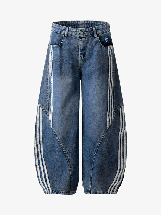 Contrast Side Stripe Denim Barrel Jeans - 2504 - Blue / S