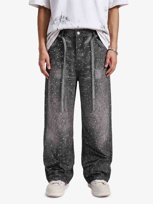 Denim Distressed Belt Diamond Decorated Jeans - Gray Black / S