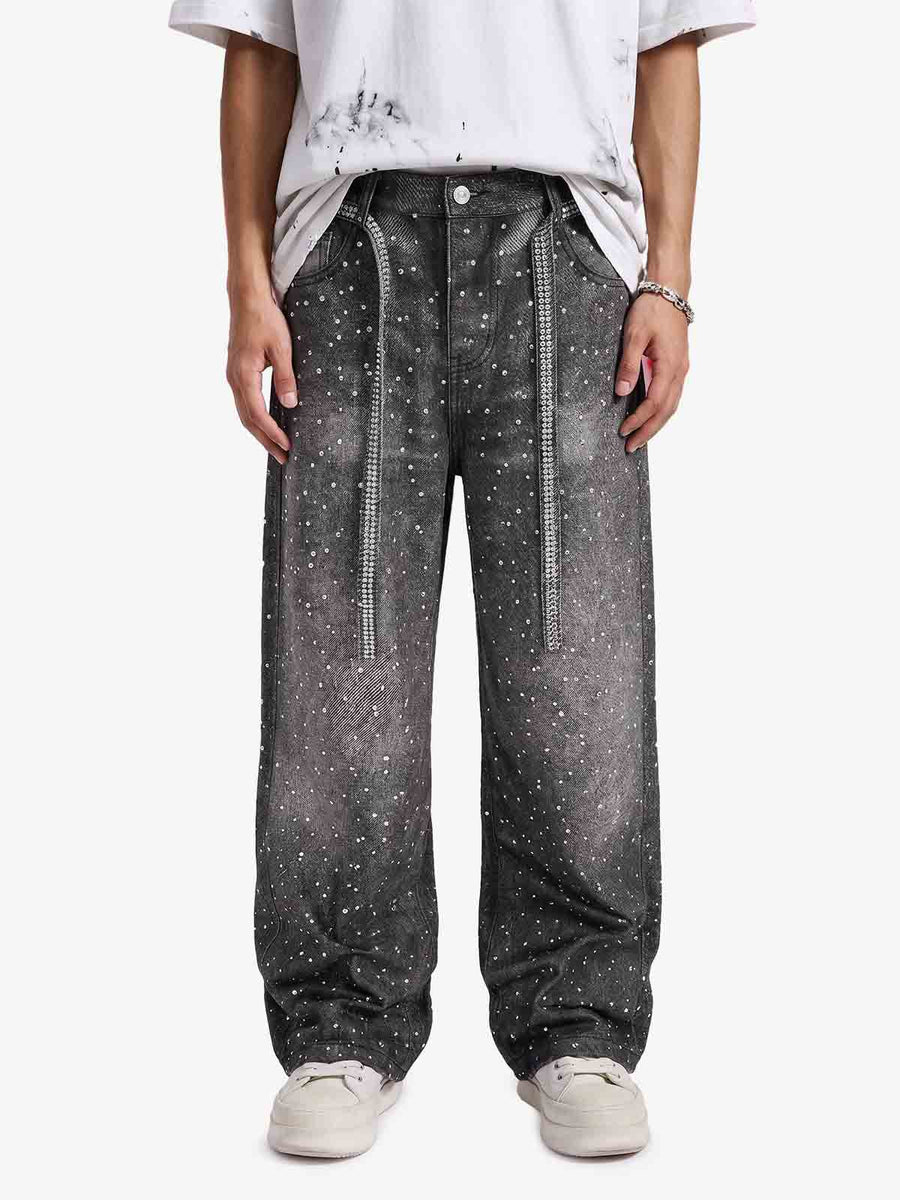 Denim Distressed Belt Diamond Decorated Jeans - Gray Black / S