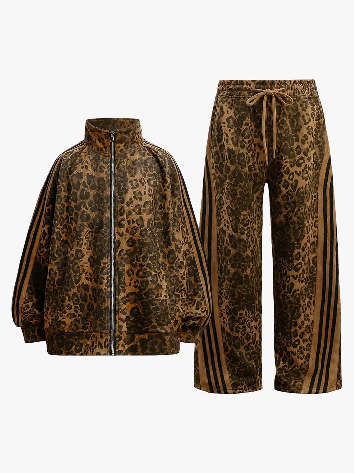 French Terry Cheetah Print Suede Tracksuit - 2277 - Brown / S / Sets