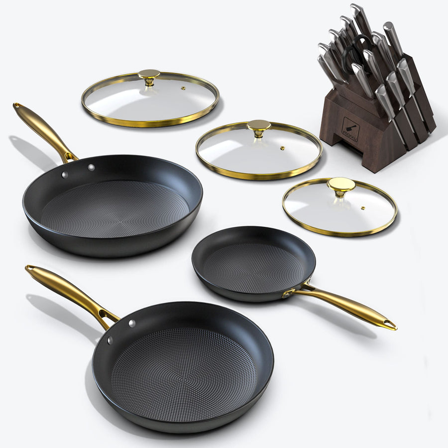 Frying Pan Set with Golden Glass Lids and Ultra Sharp Knife Set Bundle - Gray