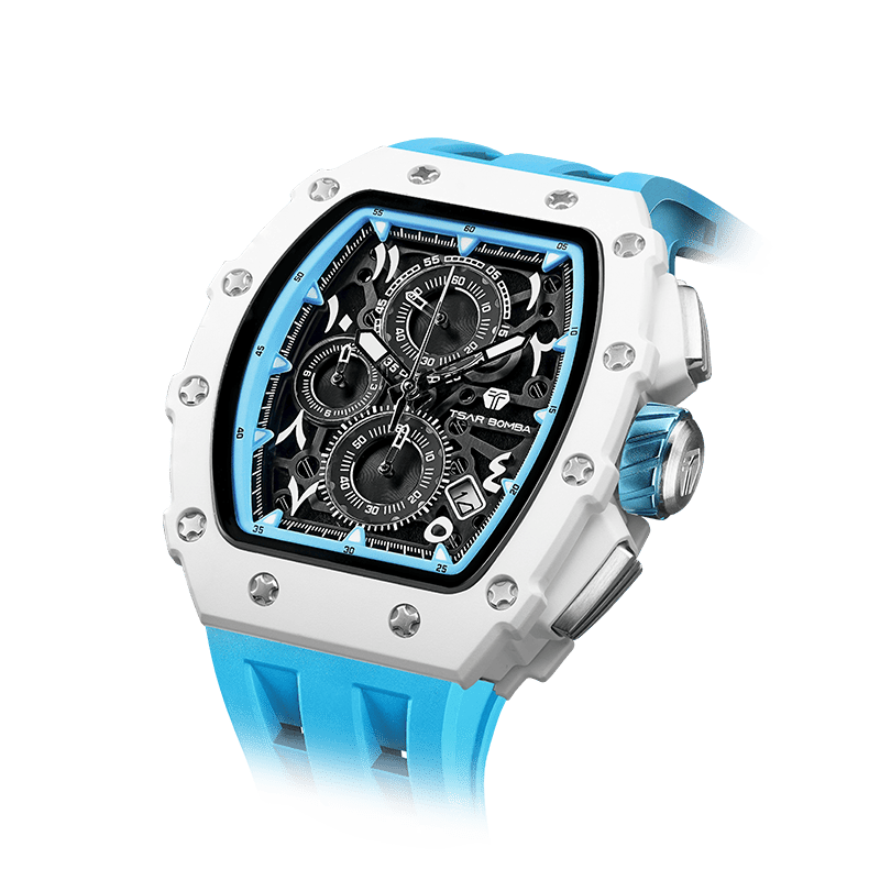 TSAR BOMBA watches– Herren-Chronograph mit Bio-Keramik-Lünette, Saphirglas, Silikonarmband, stilvolles Quarzuhrwerk für Geschäftsleute. Blau