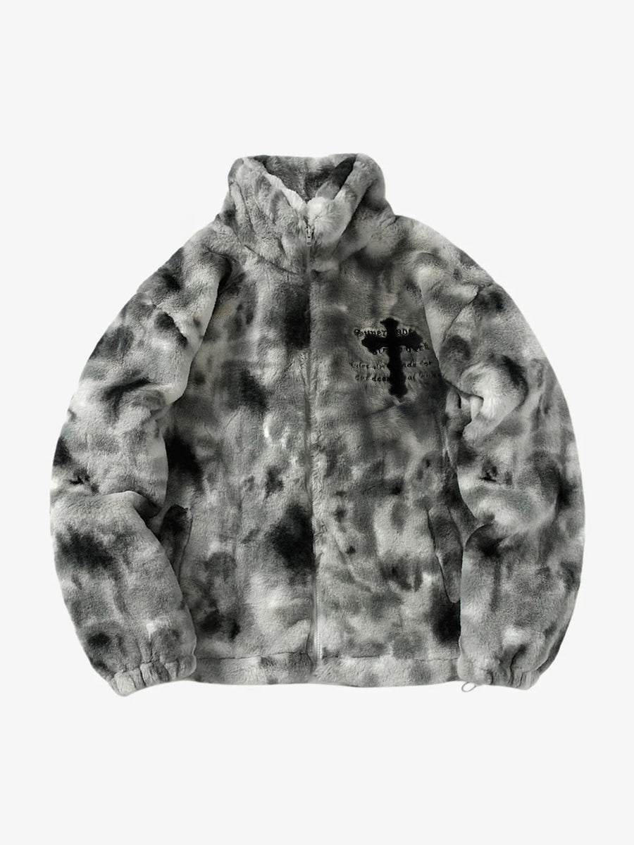Heavy-Duty Faux Lambswool Tie-Dye Urban Jacket - 1558 - Grey / S