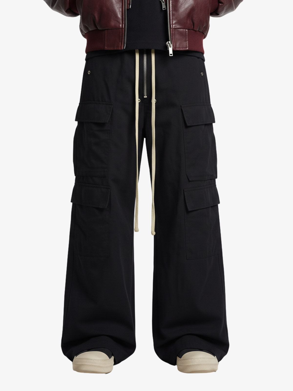Woven Multi-Pocket Baggy Flared Pants - 2321 - Black / M