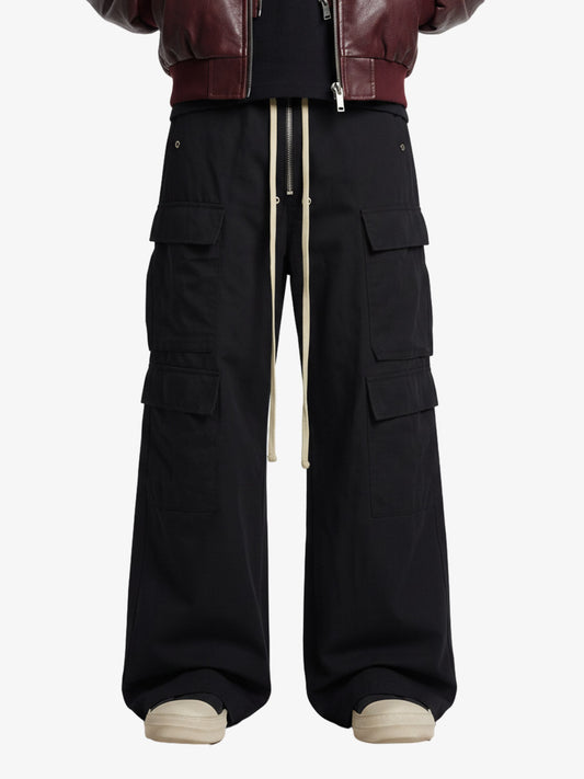Woven Multi-Pocket Baggy Flared Pants - 2321 - Black / M