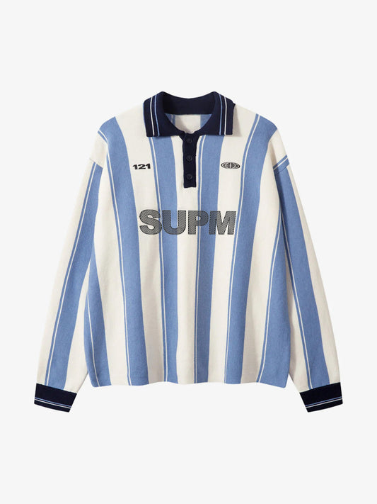 Retro Striped Polo Collar Sports Jersey Knit Sweater - Blue / S