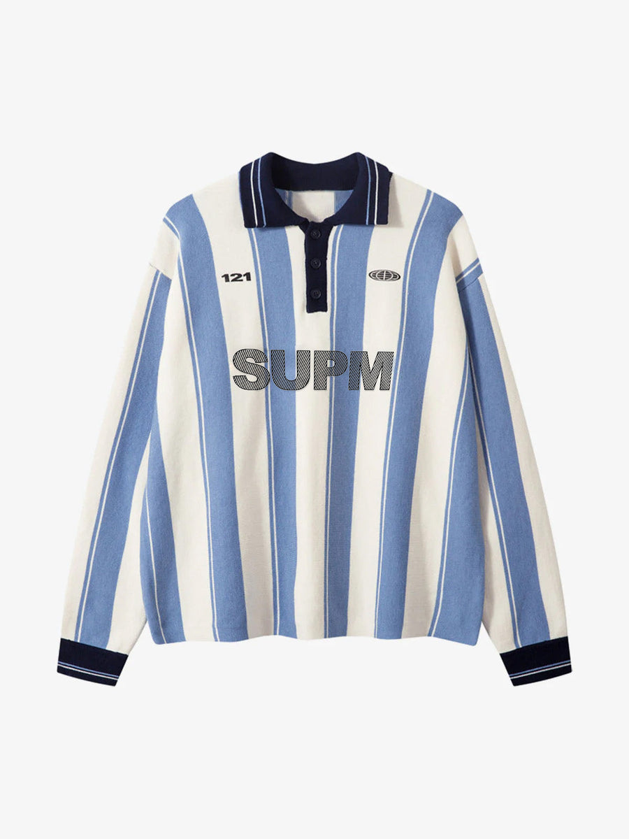 Retro Striped Polo Collar Sports Jersey Knit Sweater - Blue / S
