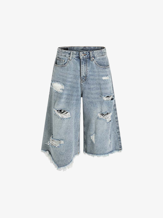 Distressed Light Wash Denim Shorts - 2639 - Blue / S