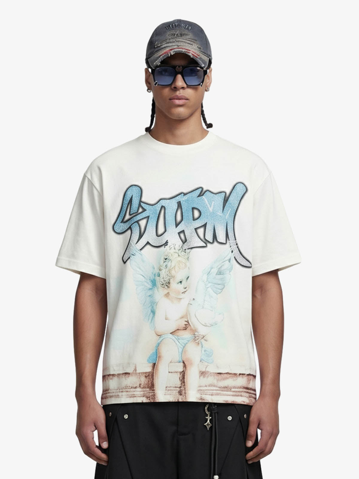 Retro Street Peace Dove Angel Rhinestone T-Shirt - White / S