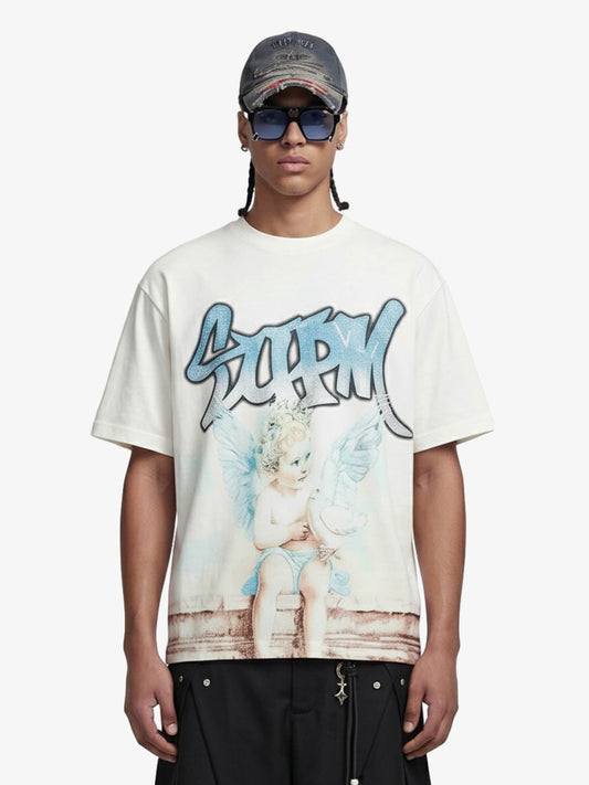 Retro Street Peace Dove Angel Rhinestone T-Shirt - White / S