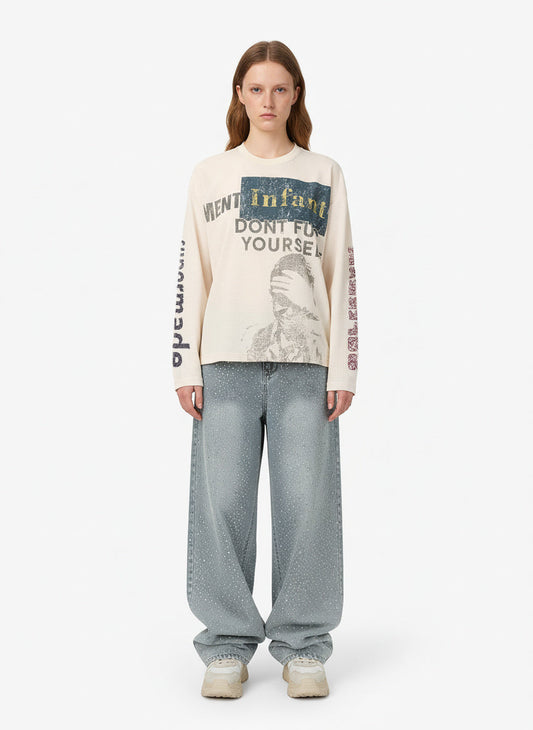 Waffle Knit Graphic Print Crewneck Sweatshirt - 2496 - Apricot / S