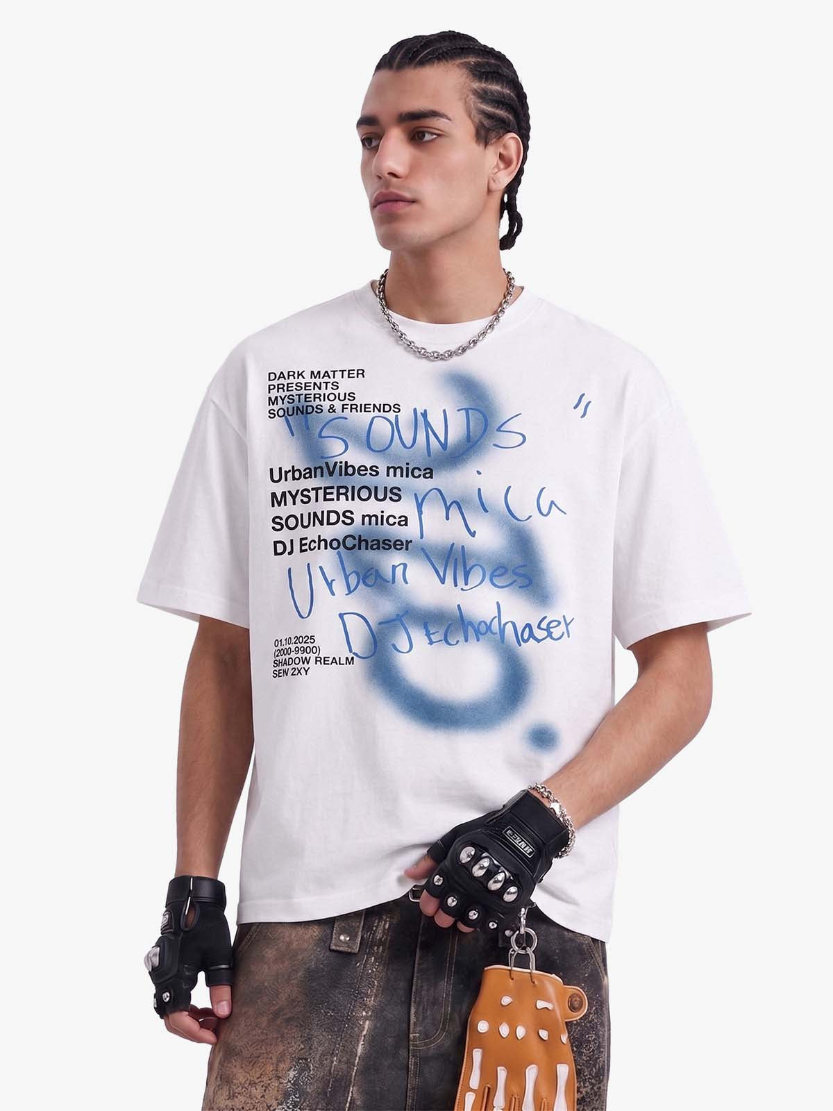 Washed Graffiti Text Print Spray Effect T-Shirt - 2614 - White / S
