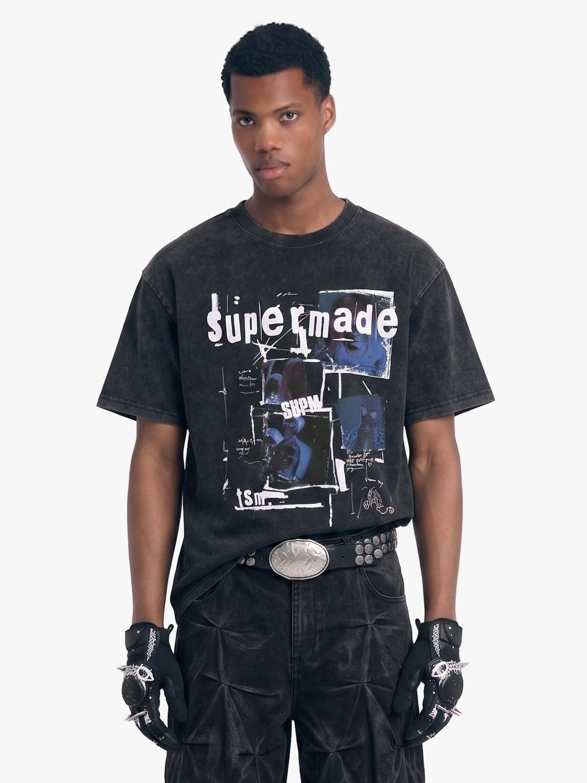 Washed Vintage Collage Graphic T-Shirt - Wash Water Black / M