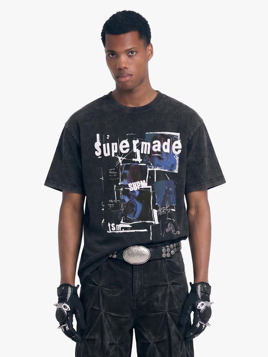 Washed Vintage Collage Graphic T-Shirt - Wash Water Black / M