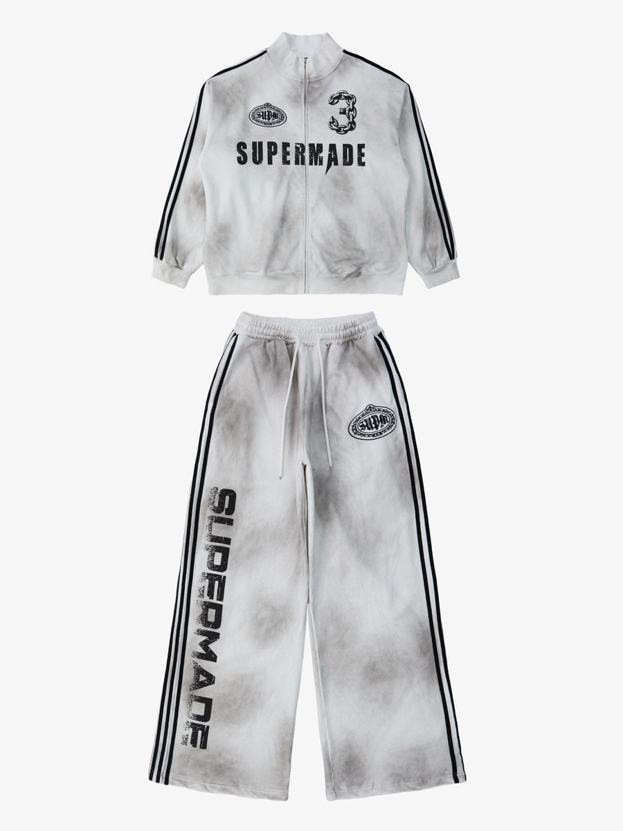 Supermade Vintage Distressed NO.3 Stand Collar Tracksuit - 2591 - White / S / Set