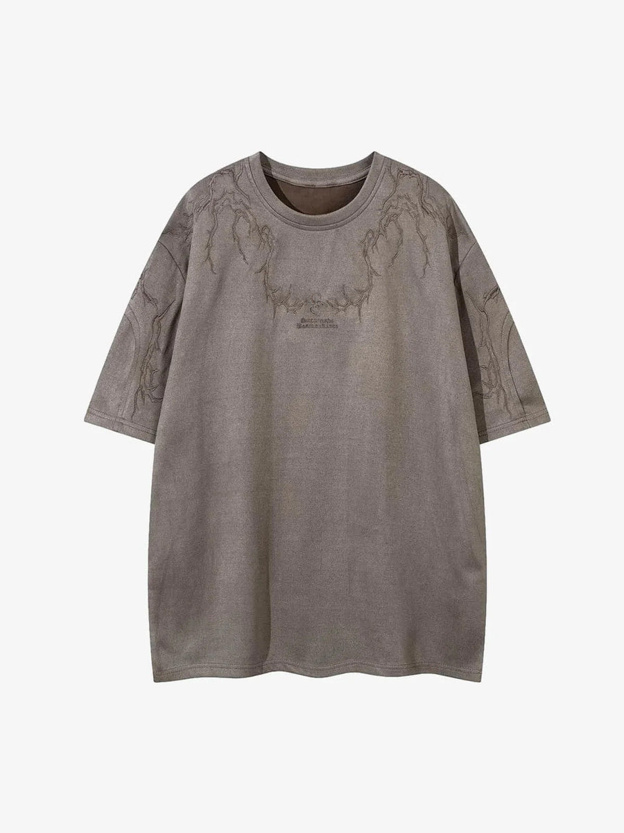 Thorn Embroidery Suede T-Shirt - Brown / S