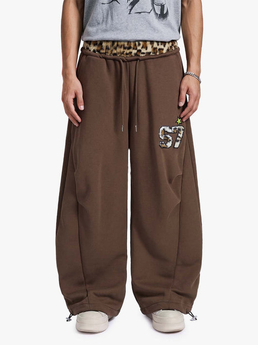 Retro Double-Waist Leopard Patch Barrel Pants - 2564 - Dark Brown / S