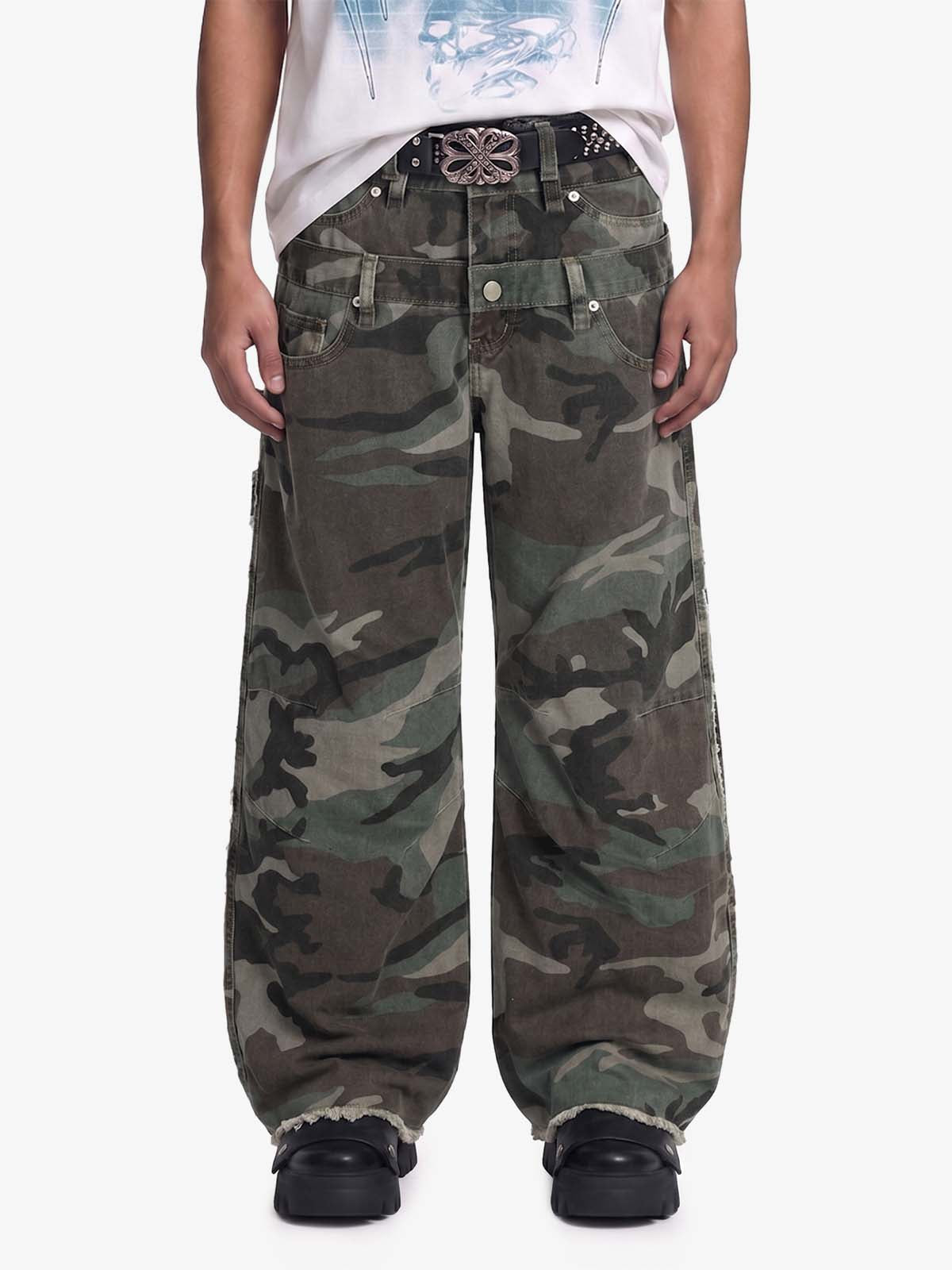 Retro Double Waist Camouflage Barrel Pants - 2555 - Army Green Camouflage / S