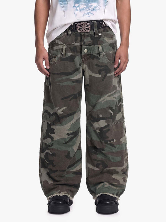 Retro Double Waist Camouflage Barrel Pants - 2555 - Army Green Camouflage / S