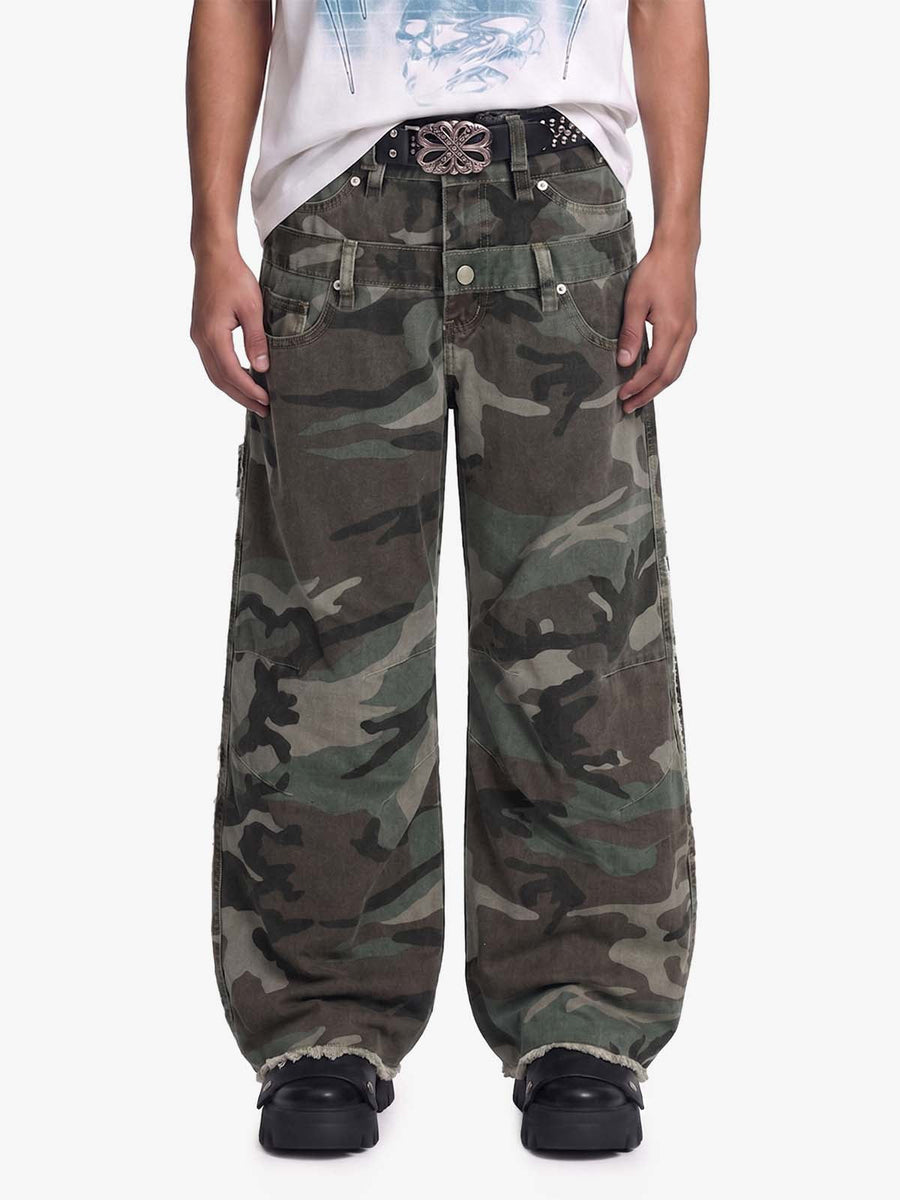 Retro Double Waist Camouflage Barrel Pants - 2555 - Army Green Camouflage / S